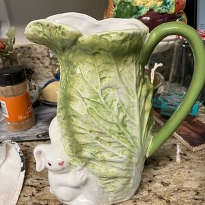 Green Leaf Ceramic Pitcher with Bunny Designs